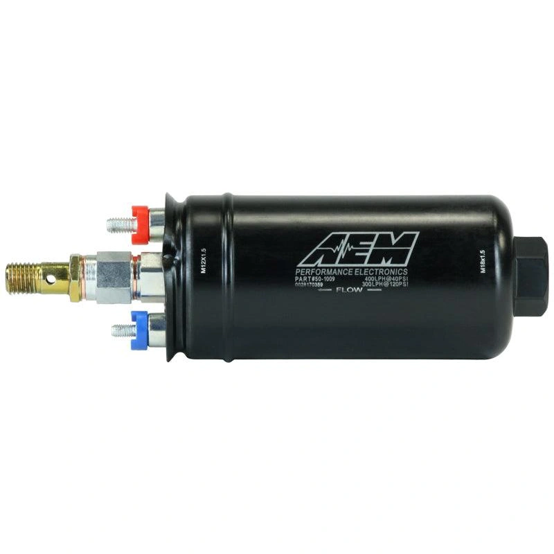 AEM 400LPH High Pressure Inline Fuel Pump – M18x1.5 Female Inlet to M12x1.5 Male Outlet